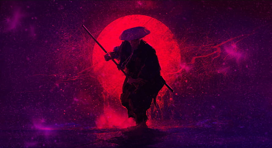 Silhouette of a Samurai Warrior Standing Before a Massive Crimson Moon in a Dark Purple Nebula HD wallpaper