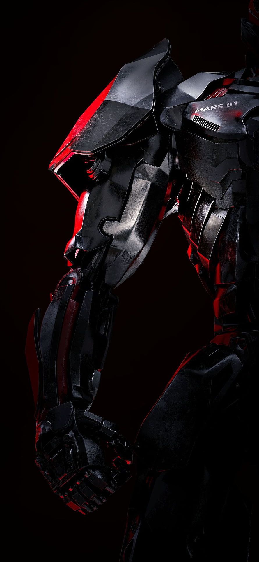MARS 01 Black and Red Mecha Armor Close-Up with Glowing Accents on Dark Background HD phone wallpaper