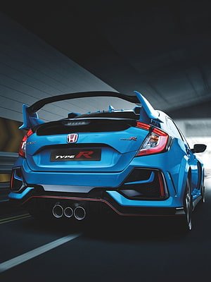 Rear Three-Quarter View of a Blue Honda Civic Type R Hot Hatch with Large Rear Wing and Triple Exhaust HD phone wallpaper