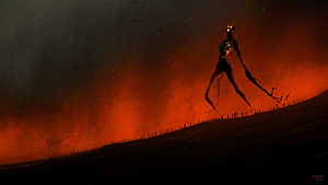 Zdzisław Beksiński Dark Fantasy Landscape with Silhouetted Figure and Fiery Sky HD wallpaper