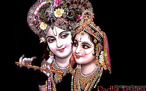 Radha Krishna Divine Portrait with Flute and Ornate Jewelry on Black Background HD wallpaper