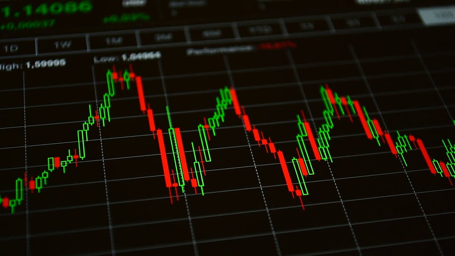 Financial Candlestick Chart Showing Market Volatility and Price Trends on Digital Screen HD wallpaper