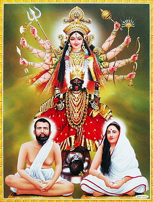 Ramakrishna and Sarada Devi with Goddess Durga in Traditional Indian Art HD phone wallpaper