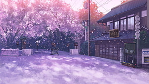 Serene Japanese Street Scene With Pink Cherry Blossoms And Traditional Architecture HD wallpaper