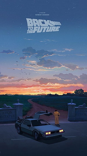 Back to the Future Anime Style Poster with DeLorean at Lyon Estates Sunset HD phone wallpaper