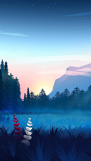 Serene Mountain Landscape at Dawn with Pine Forest and Stacked Stones HD phone wallpaper