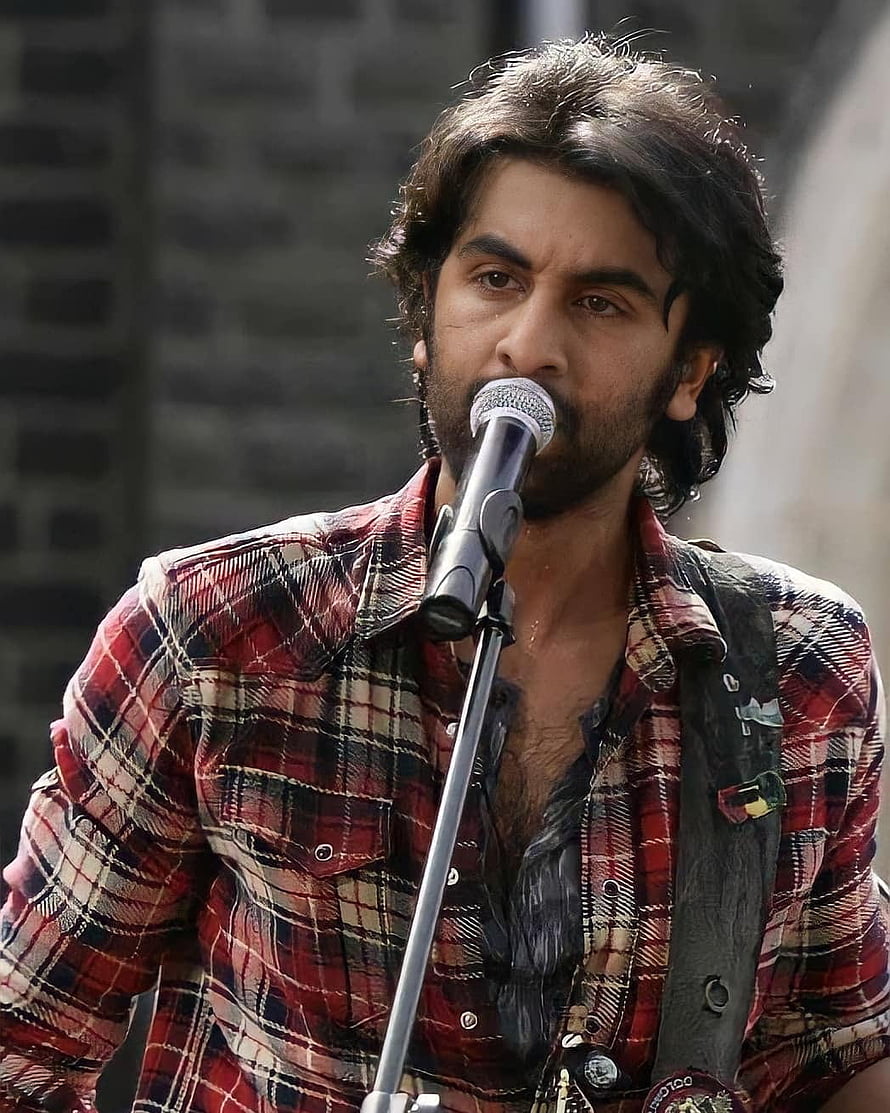 Ranbir Kapoor Singing Into Microphone Wearing Red Plaid Shirt HD phone wallpaper