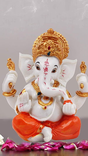 White Marble Lord Ganesha Statue with Gold Crown and Red Saree HD phone wallpaper
