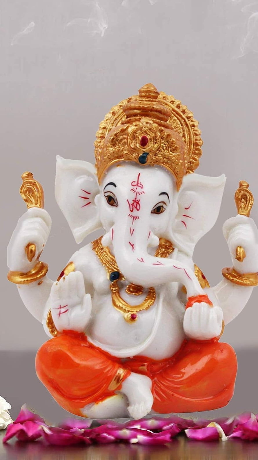 White Marble Lord Ganesha Statue with Gold Crown and Red Saree HD phone wallpaper