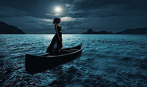 Silhouette of a woman standing in a canoe on a dark lake under a full moon with birds flying overhead, Fantasy Girl, artwork, fantasy, art, beautiful, woman, artistic HD wallpaper