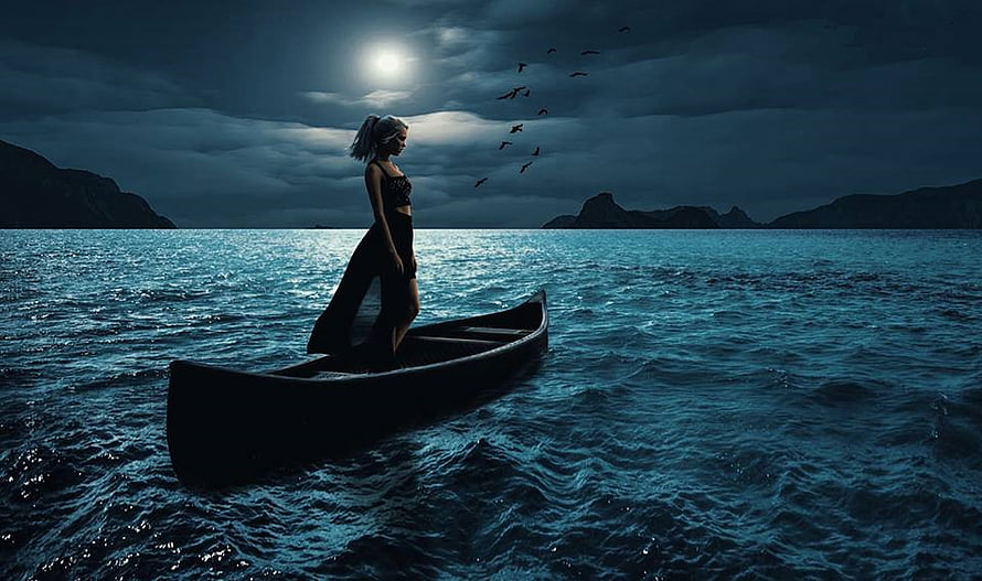 Silhouette of a woman standing in a canoe on a dark lake under a full moon with birds flying overhead, Fantasy Girl, artwork, fantasy, art, beautiful, woman, artistic HD wallpaper