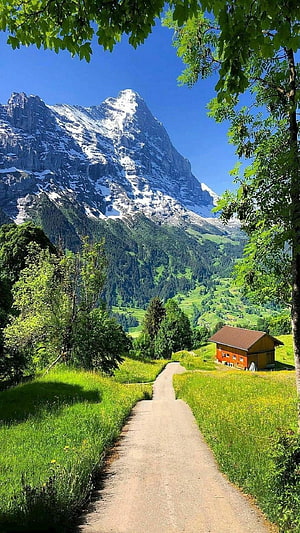 Scenic Alpine Path Leading to Snow-Capped Mountain Peak with Rustic Cabin HD phone wallpaper