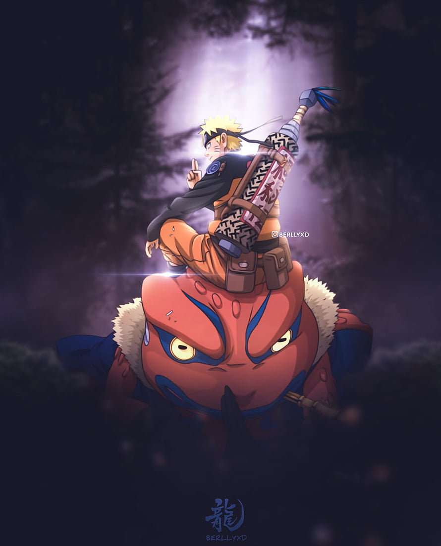 Naruto Uzumaki Sitting on Gamabunta in a Dark Forest Anime Wallpaper HD phone wallpaper