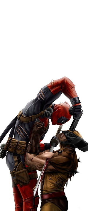 Deadpool and Wolverine Clashing in Intense Combat with Swords and Guns HD phone wallpaper
