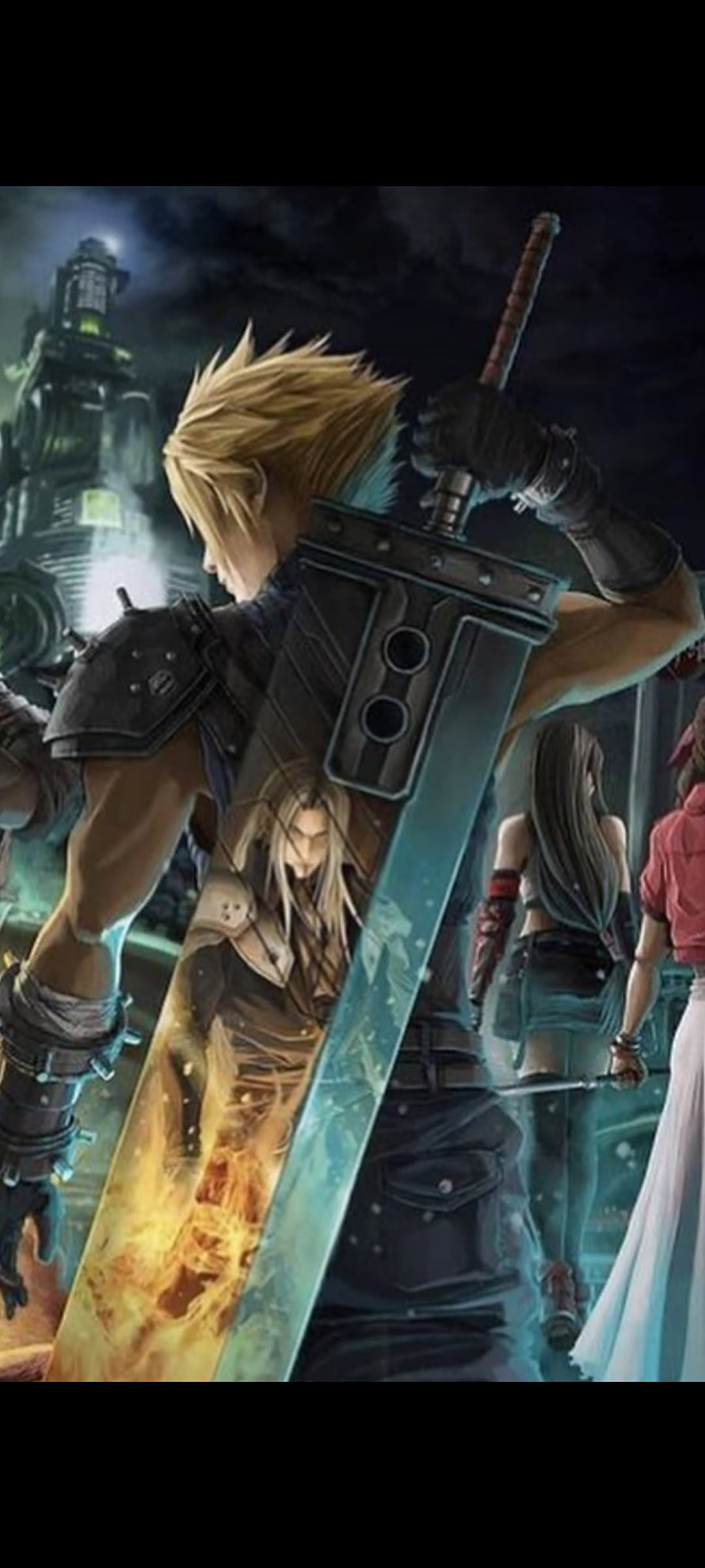 Cloud Strife holding Buster Sword with Sephiroth reflection and Tifa in Final Fantasy VII Remake HD phone wallpaper
