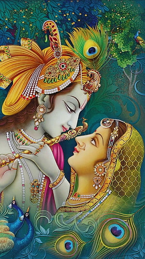 Radha Krishna Playing Flute Romantic Artwork with Peacocks, Radha Krishna , God, Kanha HD phone wallpaper