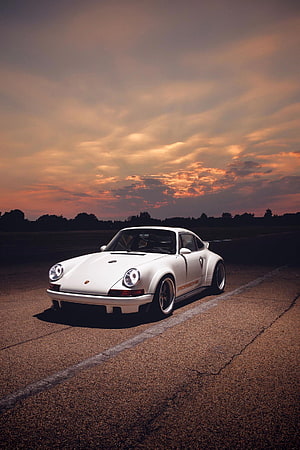 White Porsche 911 Widebody on Asphalt Road at Sunset HD phone wallpaper