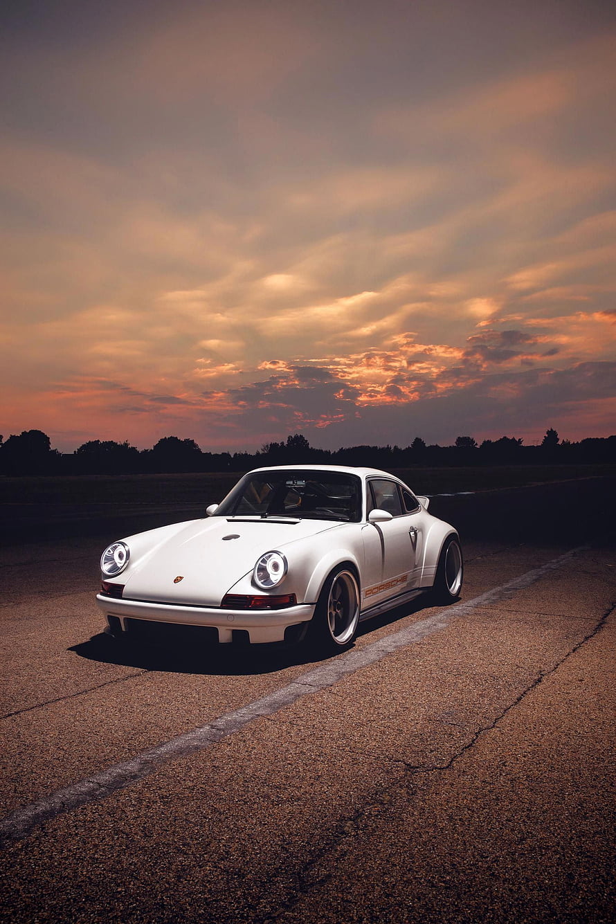 White Porsche 911 Widebody on Asphalt Road at Sunset HD phone wallpaper