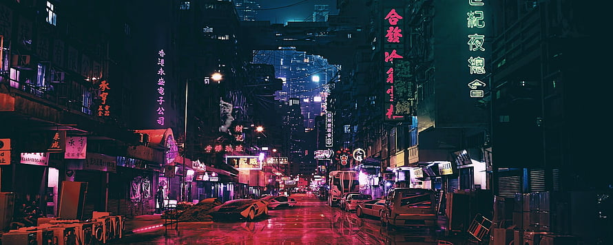 Neon-Lit Cyberpunk Street Scene with Futuristic Vehicles and Chinese Signage HD wallpaper