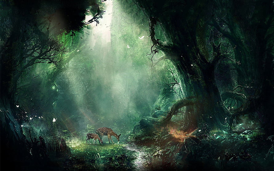 Mystical Enchanted Forest With Grazing Deer And Sunbeams HD wallpaper