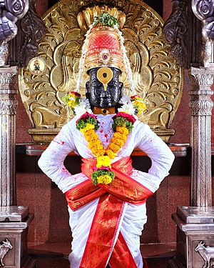 Lord Ayyappa Statue with Golden Crown and Flower Garlands in Temple HD phone wallpaper
