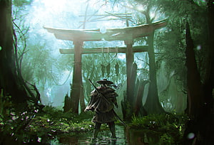 Ghost of Tsushima Samurai Standing Before Ancient Torii Gate in Misty Forest HD wallpaper