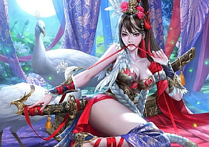 Fantasy warrior woman in ornate armor with white cranes and flowing silk ribbons, Girl and Peacock, digital, fantasy, art, pretty, , peacock, girl, woman HD wallpaper