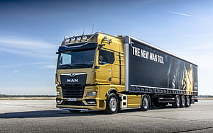 Yellow MAN TGX Heavy-Duty Truck with Cargo Trailer on Open Tarmac, MAN TGX, 2021, front view, exterior, TGX 18580, new yellow MAN TGX, trucking, cargo delivery, new trucks, MAN HD wallpaper
