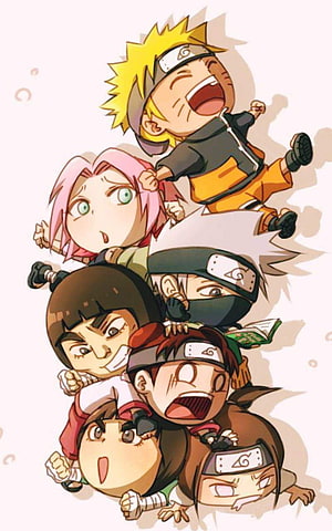 Chibi Naruto Shippuden Team 7 Characters in a Playful Pile-Up HD phone wallpaper