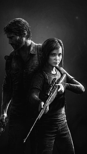 The Last of Us Part 2: Joel and Ellie in Dramatic Black and White Portrait HD phone wallpaper