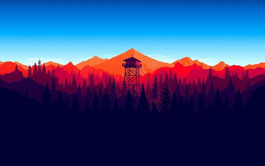 Vibrant Sunset Mountain Landscape With Fire Lookout Tower And Pine Forest Silhouette HD wallpaper