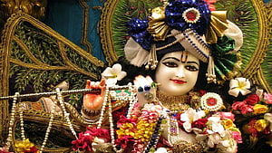Ornate Krishna Idol Adorned With Flowers, Pearls, and Traditional Temple Jewelry HD wallpaper