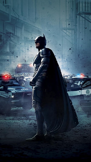Christian Bale as Batman in The Dark Knight Rises Standing Before Police Vehicles, Christian Bale Batman, Batman Rises HD phone wallpaper