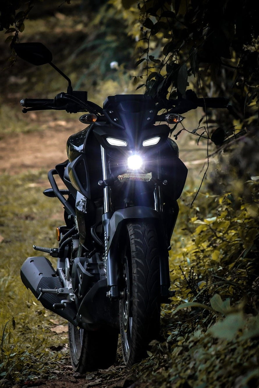 Yamaha MT-15 Black Motorcycle Front View in Forest Trail HD phone wallpaper