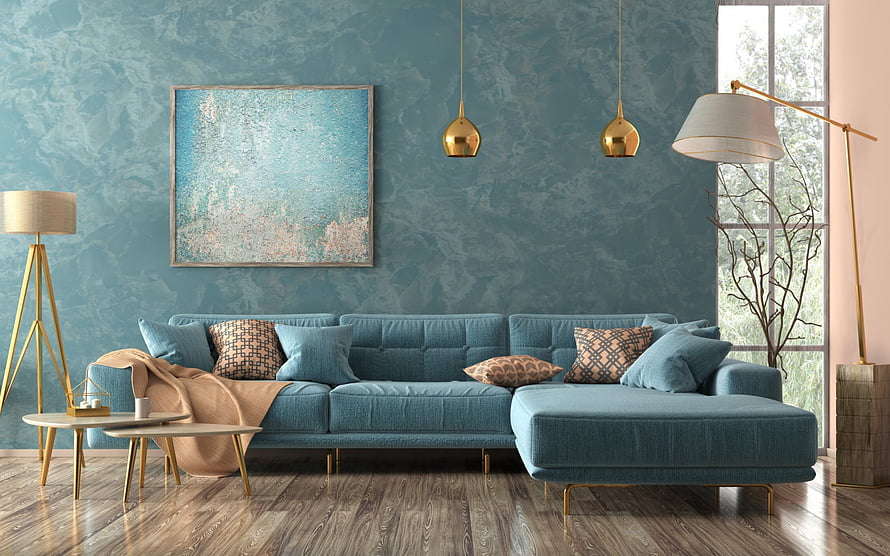 Modern Teal Living Room With Gold Accents And Abstract Wall Art HD wallpaper