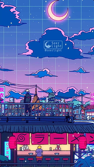 Naruto and Kakashi at Ramen Shop Retro Anime Night Scene Wallpaper HD phone wallpaper