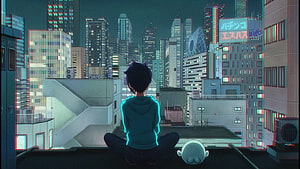 Anime boy sitting on rooftop overlooking neon city skyline at night with small companion HD wallpaper
