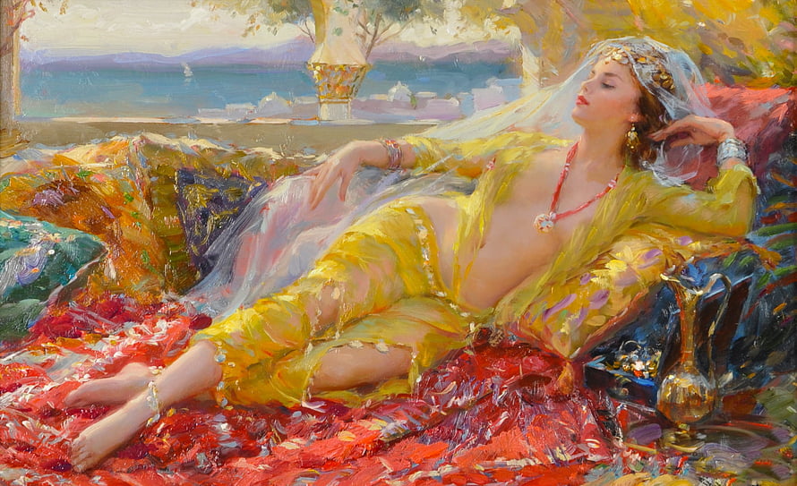 Orientalist Oil Painting of a Reclining Woman in Golden Harem Attire, Exotic Woman, harem, art, exotic, girl, beautiful, woman, digital, painting, fantasy, pretty, fine HD wallpaper