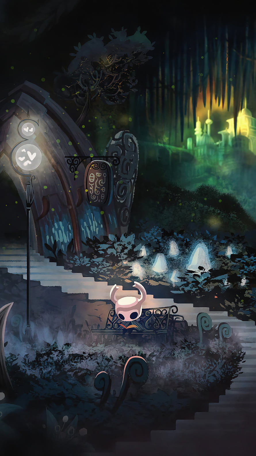 Hornet sitting on a bench in the Kingdom of the Dead from Hollow Knight HD phone wallpaper