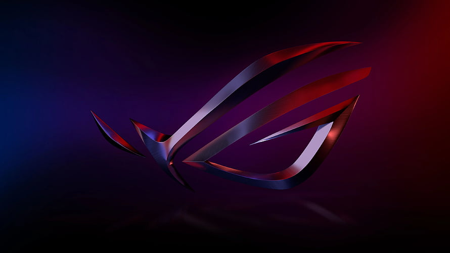 Asus ROG Republic of Gamers Metallic Logo on Dark Purple and Red Gradient Background HD wallpaper