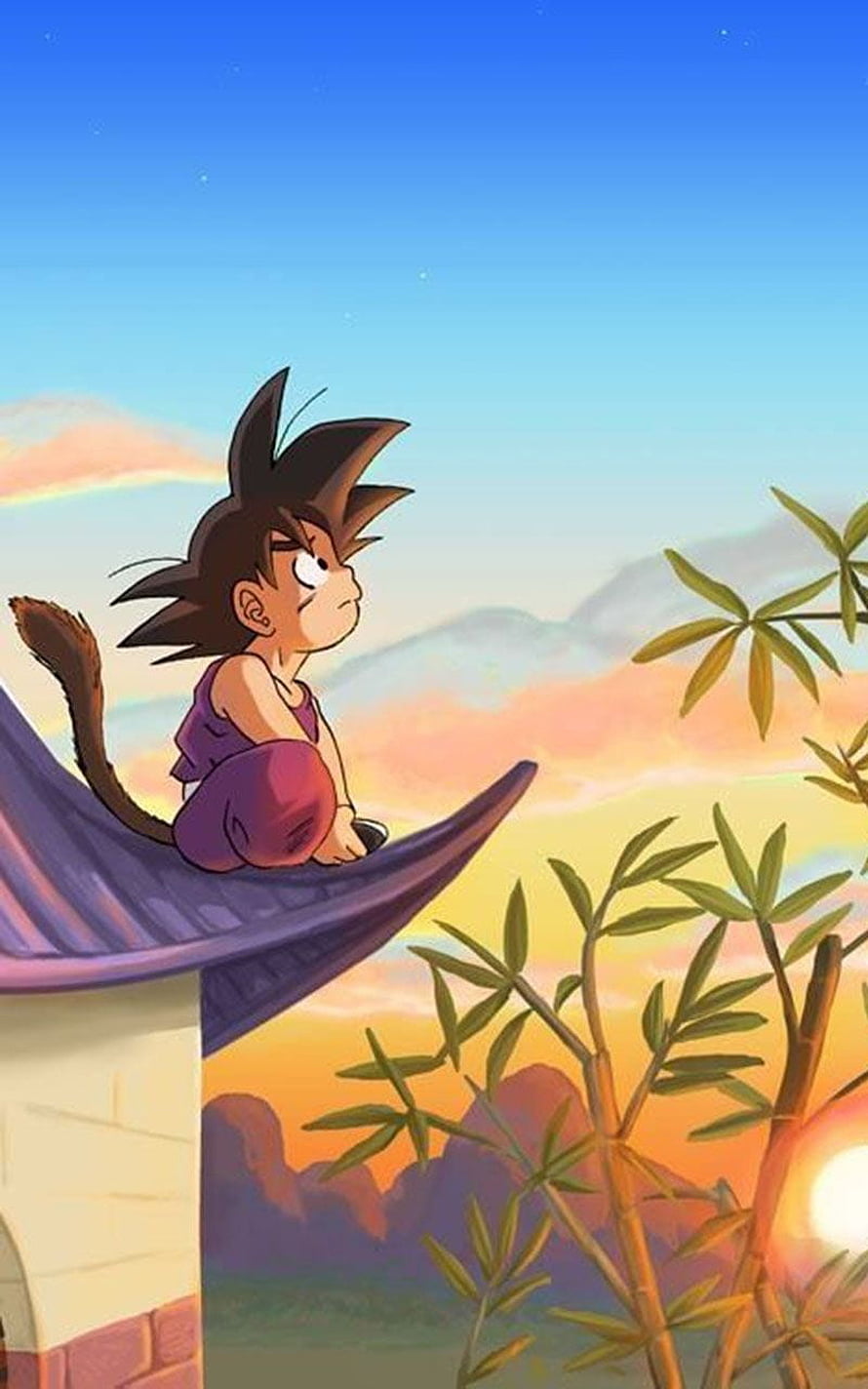 Young Goku Sitting on Roof at Sunset Dragon Ball Anime Wallpaper HD phone wallpaper