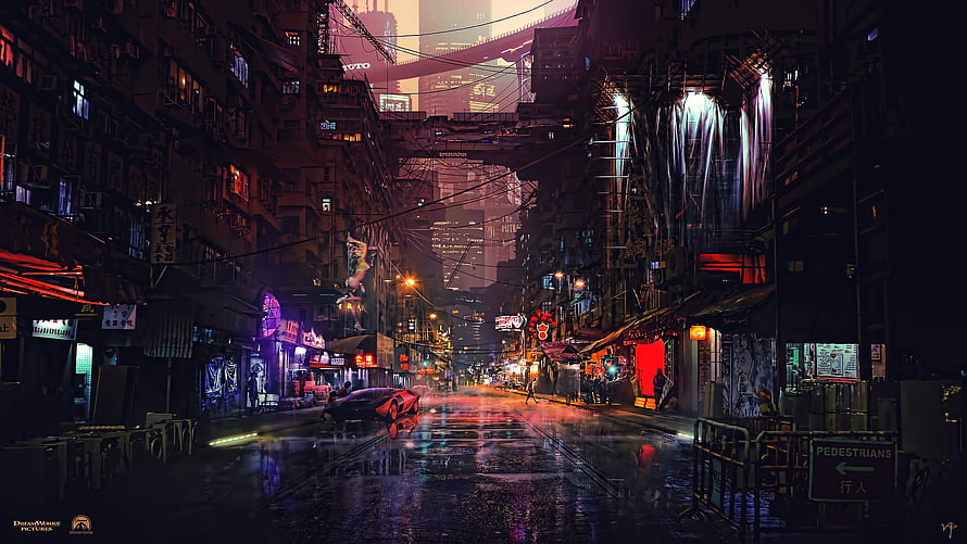 Rainy Cyberpunk City Street with Neon Lights and Futuristic Architecture HD wallpaper