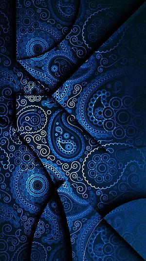 Intricate Blue Paisley Pattern with Swirling Floral Motifs and Dark Geometric Background HD phone wallpaper