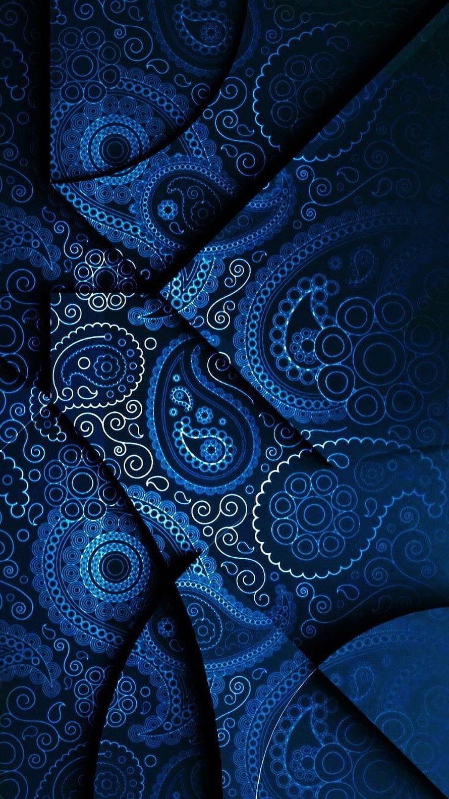 Intricate Blue Paisley Pattern with Swirling Floral Motifs and Dark Geometric Background HD phone wallpaper
