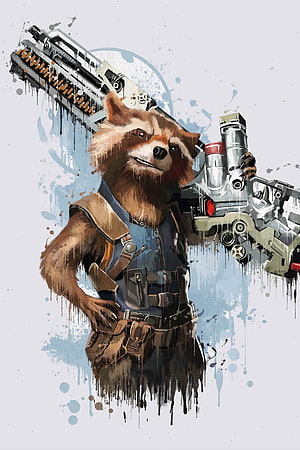 Rocket Raccoon from Guardians of the Galaxy holding dual blasters in a gritty paint-splatter art style HD phone wallpaper