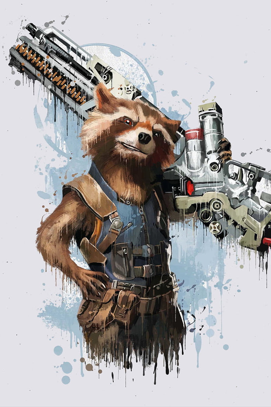 Rocket Raccoon from Guardians of the Galaxy holding dual blasters in a gritty paint-splatter art style HD phone wallpaper