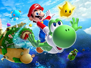 Mario and Yoshi Flying Through a Starry Sky with a Floating Mushroom Island HD wallpaper