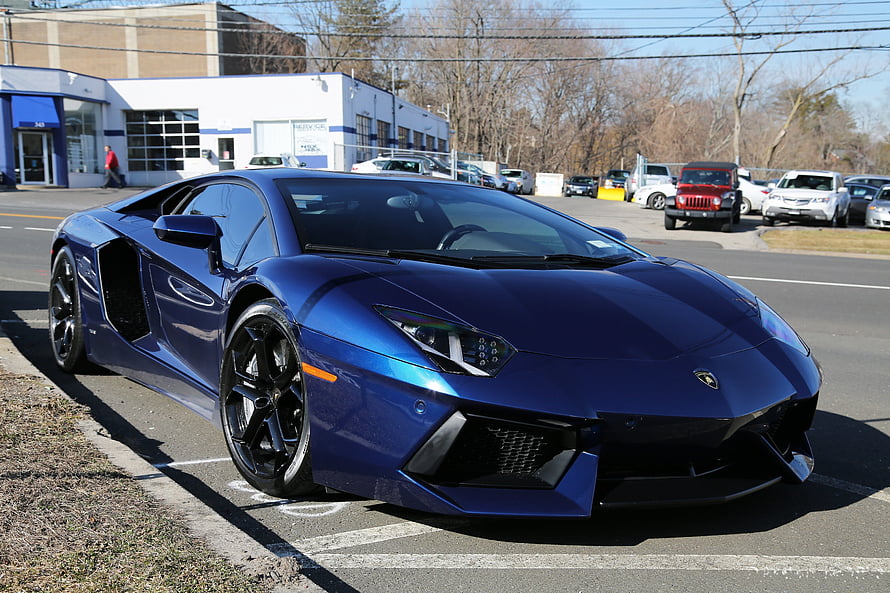 Blue Lamborghini Aventador LP700-4 Parked on City Street HD wallpaper