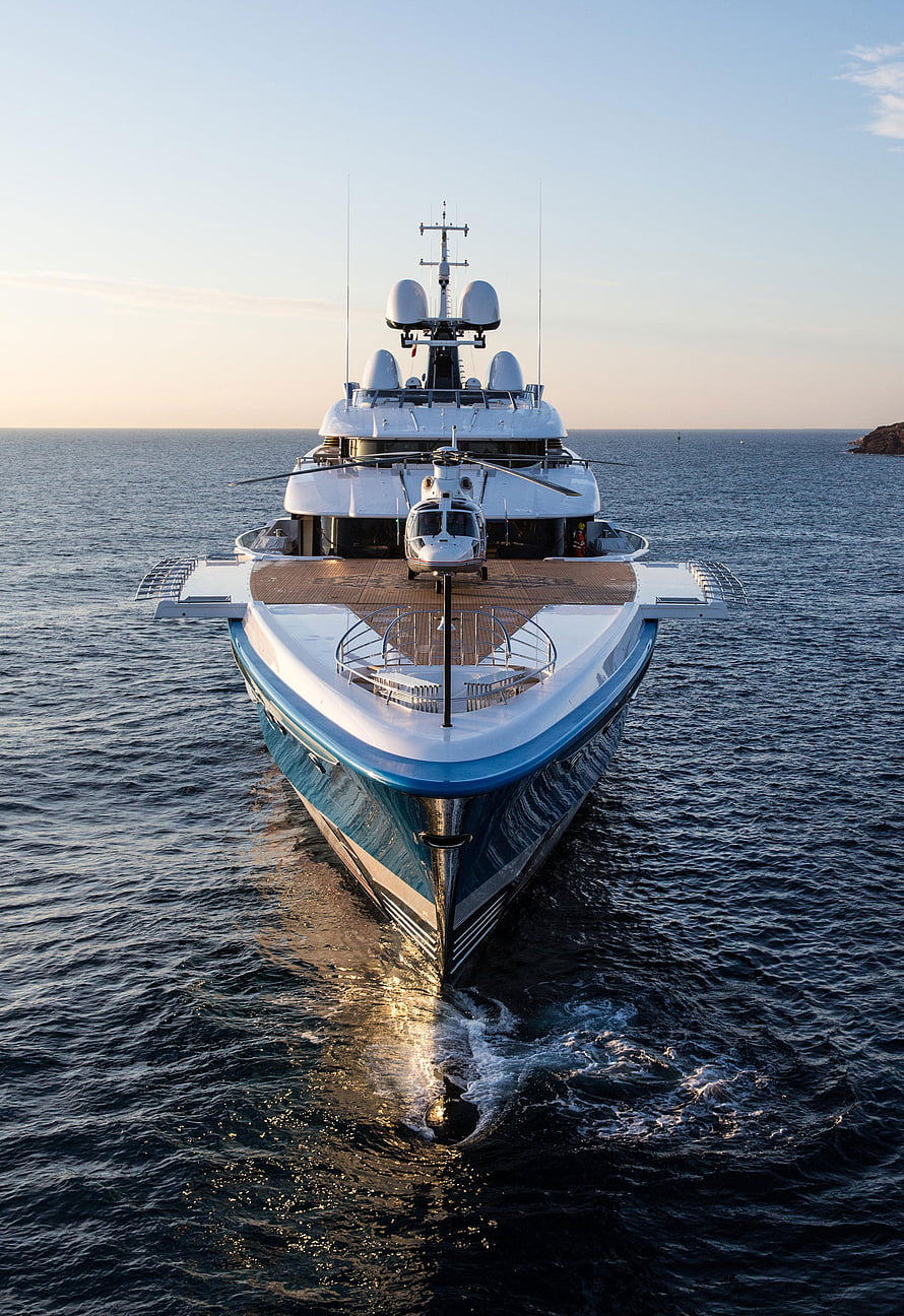 Luxury Superyacht With Helipad And Teak Deck Cruising On Open Ocean At Golden Hour HD phone wallpaper