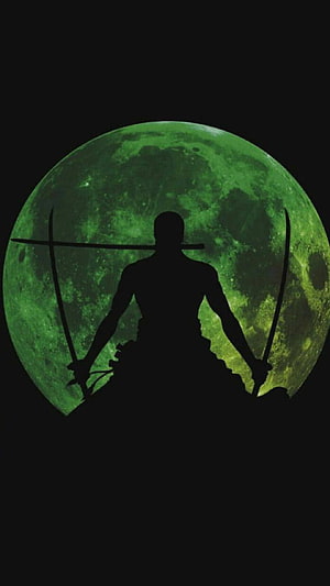 Silhouette of a warrior holding dual swords against a massive green moon HD phone wallpaper